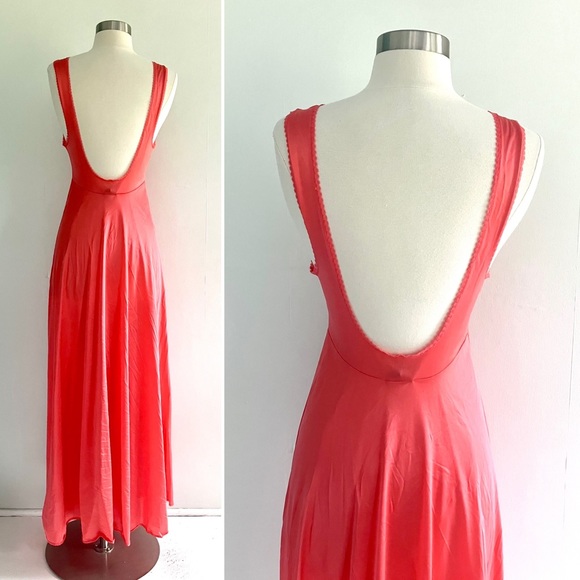 Vintage 70’s coral red orange lace flower slip gown dress & robe jacket set - Picture 13 of 16